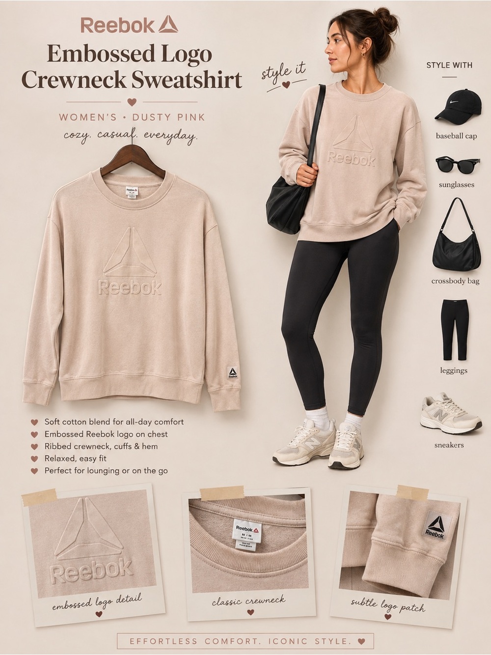 Reebok Women's Dusty Pink Embossed Logo Crewneck Sweatshirt